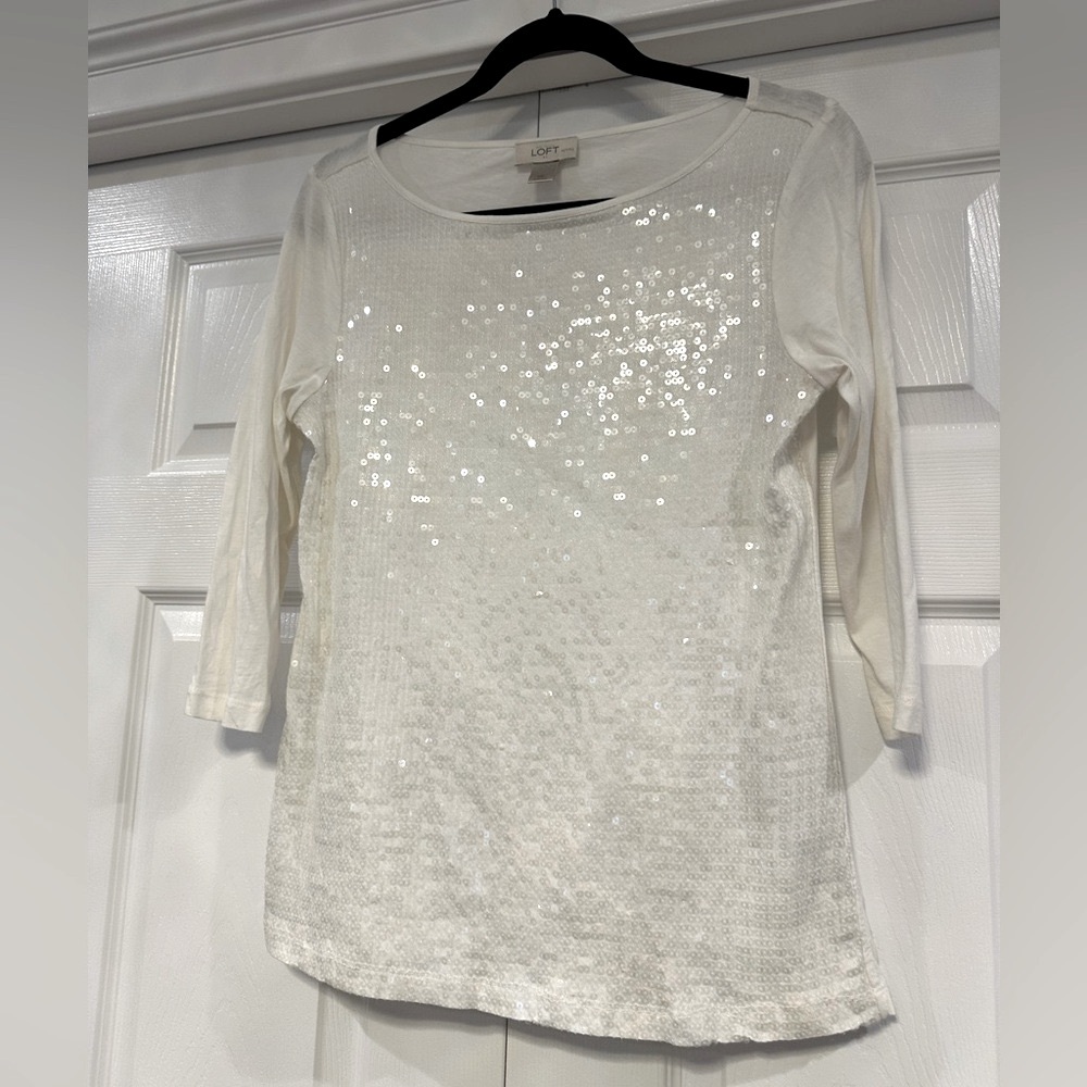 LOFT Cream Sequin Blouse with 3/4 Sleeves